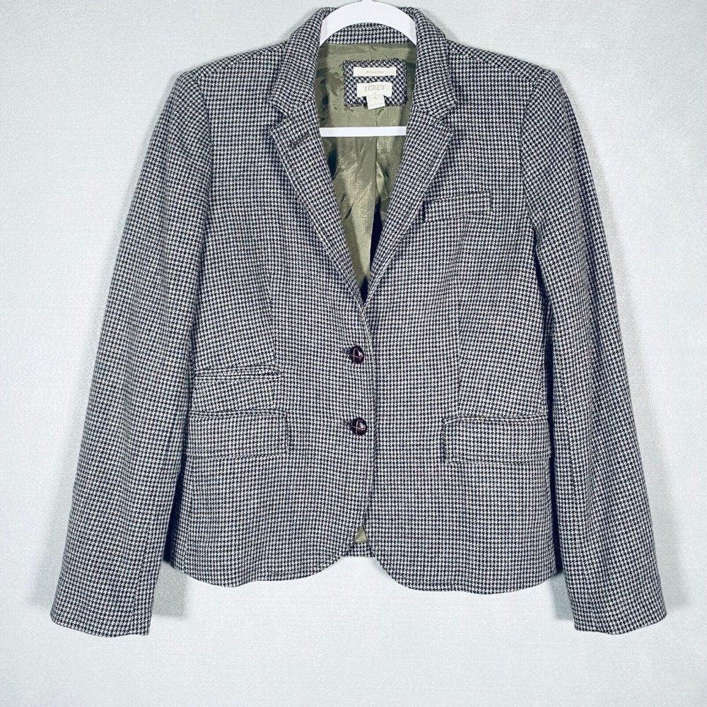 J Crew Wool Schoolboy Blazer Jacket Womens 8 Brown Houndstooth Single Breasted.